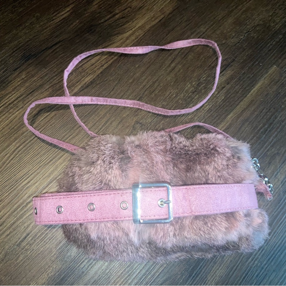 Rabbit fur and leather women’s purple Crossbody Bag in Dusty Pink